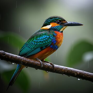 Jewel-Toned Tropical Bird Perched on a Rain-Soaked Branch in the Amazon Rainforest. Close-up of a Vibrant Jacamar with Iridescent Plumage in Lush Green Jungle Environment During Rainfall.