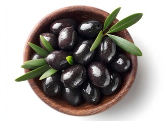 Black Olives in a Wooden Bowl with Green Leaves