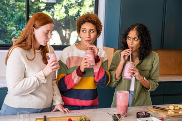 Diverse female friends sipping smoothies at kitchen island with glass jars, blender pitcher