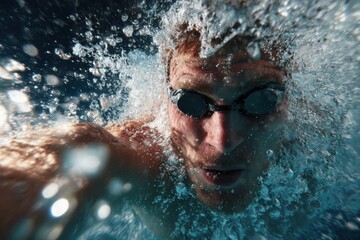 Athletic man swimming underwater in a clear pool during daytime, showcasing powerful strokes and determination