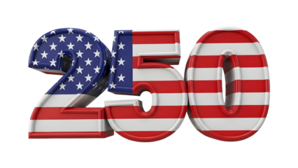 3D Render of Number 250 with American Flag Texture for USA Semiquincentennial Anniversary, Transparent Background 