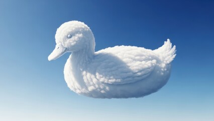 White Duck Sculpture Floating Serene Against a Blue Sky.