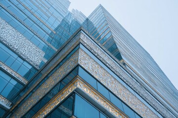 Obraz premium Modern architectural facade showcasing intricate designs and reflective glass surfaces in a bustling urban setting during daylight hours