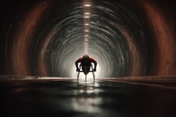 Determined paralympic athlete trains in a long tunnel at dusk, focused on pushing limits during intense wheelchair practice session