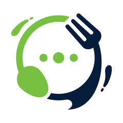 Green and blue fork and spoon with headset icon for food service support icon