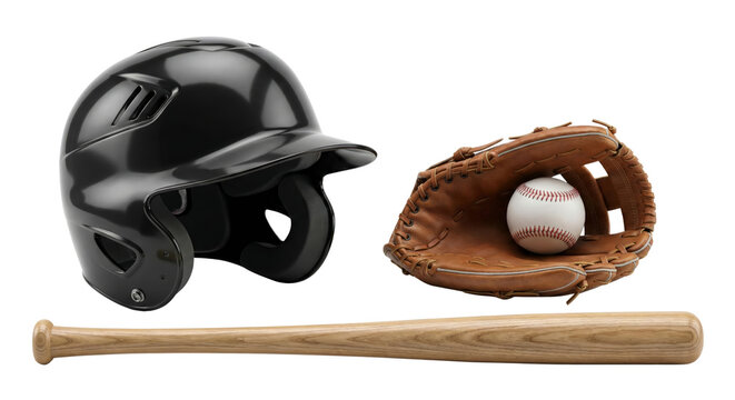 Baseball Gear: Helmet, Bat, Glove with Ball, Isolated on White