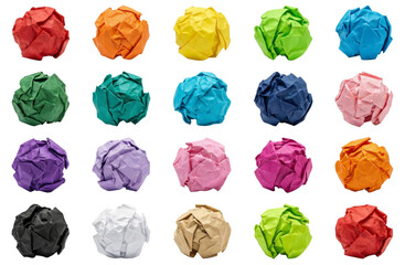 Colorful Crumpled Paper Balls Arranged in Grid on White Background