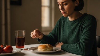 Woman eating a hamburger at a table with a drink and tomatoes.