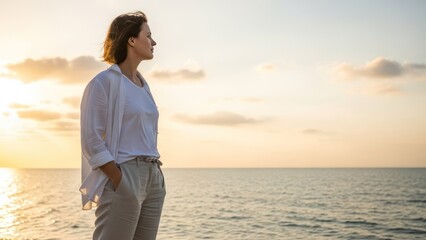 Woman standing on a beach at sunset looking out at the ocean.