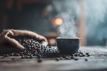 Warm Coffee Beans Hand and Cup Still Life