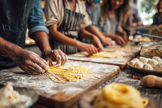 Friends enjoy hands-on cooking class making fresh pasta in a cozy kitchen setting, sharing laughter and culinary skills while creating delicious meals together