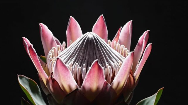 King Protea flower opening against black background 4K Video
