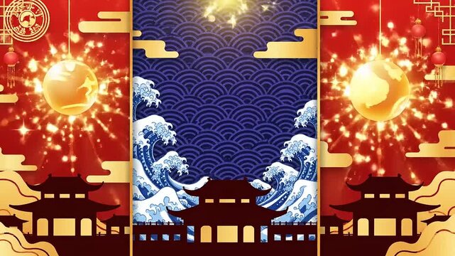 East Asian Festival Background with Traditional Architecture and Ocean Waves