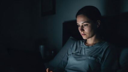 Woman working late at night illuminated by screen light.