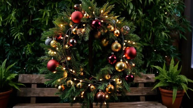 Christmas wreath on wooden pallet with lights and ornaments outdoors in garden