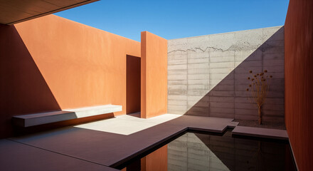 Minimalist architecture courtyard with terracotta walls and water pool. Modern exterior design with geometric shadows and dry plant