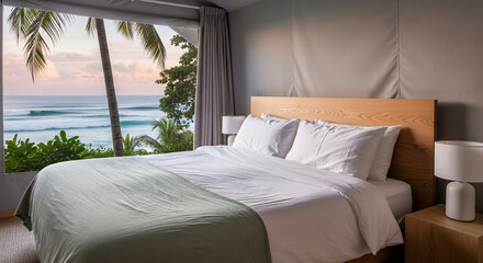 Luxury hotel bedroom with panoramic window facing tropical ocean. Beach resort interior with white bed and palm tree view