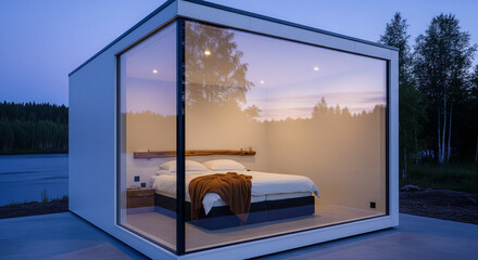 Modern glass cube house with bedroom interior at twilight. Transparent architecture cabin in nature with forest and lake view