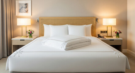 Symmetrical bedroom interior with woven rattan headboard and two nightstand lamps. Elegant hotel room with white bedding and flowers