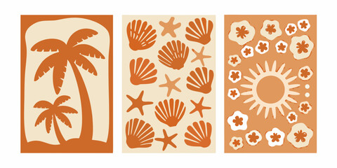 orange and beige beach themed illustrations of palm trees seashells and sunflowers © Roni