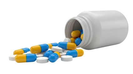 Pill Bottle Spilling Blue and Yellow Capsules and White Tablets