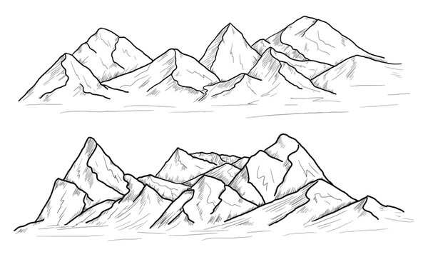 Mountain range, black and white sketch. Vector illustration. Nari sovan rocks and stones hand drawn in simple style, isolated on white background