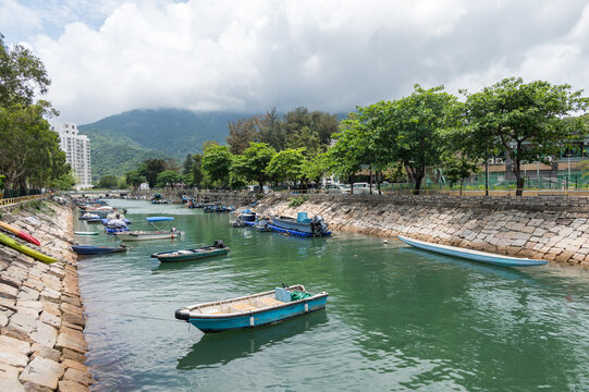 Embankment near Silvermine Bay Beach located on Tung Wan Tau Road in Mui Wo, Lantau Island, Hong Kong. Cloudy day