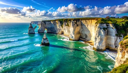 A serene seascape with rugged white cliffs and turquoise waters under a partly cloudy sky