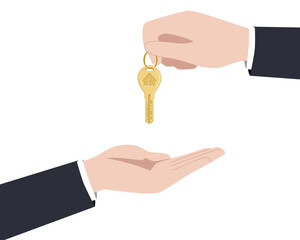 Vector illustration of a gold dimple house key handover between two people, real estate transaction concept, flat design. 2人の間で金色の家のディンプルキー鍵の受け渡し、不動産取引の概念、フラットなデザインのベクターイラスト