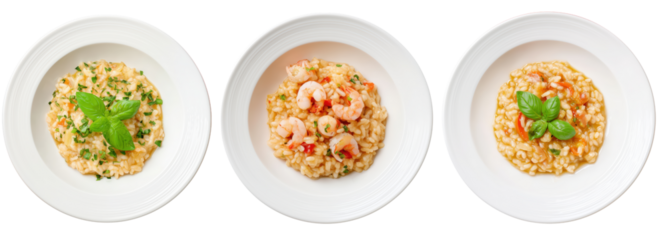 Top View of Delicious Risotto Variations with Fresh Ingredients Displayed on Transparent Background