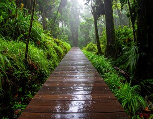 A serene wooden walkway through a lush, green forest with sunlight filtering through trees