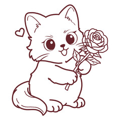 Obraz premium Cute Siamese Ragdoll cat giving a single red rose flower as a gift outline