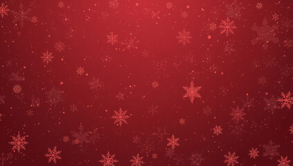 Festive red background with falling snowflakes and glittering particles for winter holidays