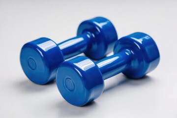 Two blue dumbbells arranged side by side on a smooth surface, ideal for home workouts or fitness routines, highlighting strength training equipment and exercise options for all levels
