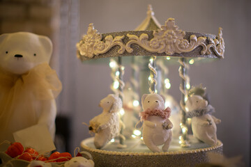 Decorative carousel featuring cute polar bears in a festive setting with soft lighting and delicate details
