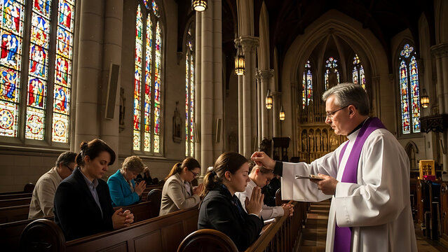Priest applying ashes to parishioners' foreheads during a religious service in a church with stained glass windows.
