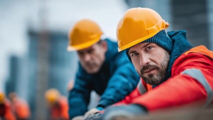 Construction Workers Focused: Two construction workers collaborate intently on a building site, clad in protective gear. It captures their focused expressions as they build