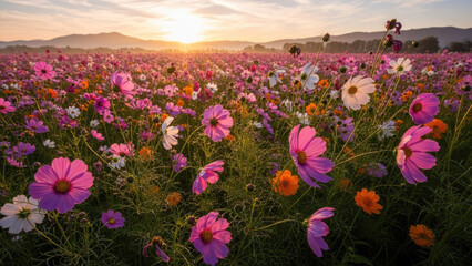 Obraz premium Vast Field of Colorful Cosmos Flowers at Sunrise.