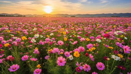 Obraz premium Vast Field of Colorful Cosmos Flowers at Sunset.