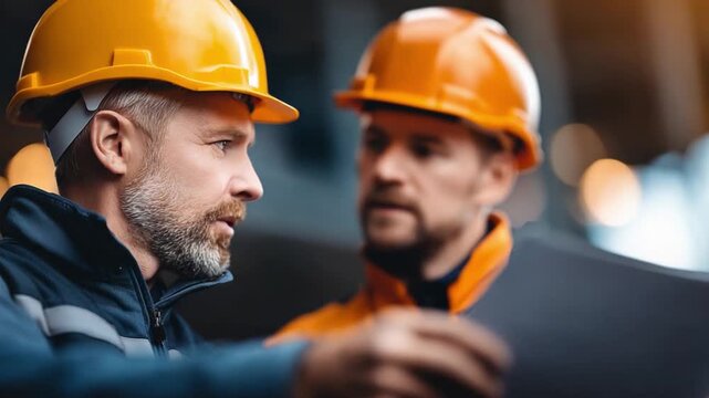 Builders' Collaboration: Two construction workers in yellow helmets intently discuss plans, their focus on a shared project reflecting professional collaboration.