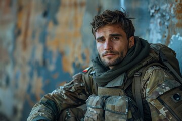 Obraz premium selective focus on close-up of journalist with military background covering frontline news