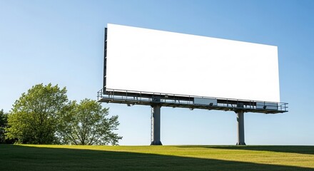 Obraz premium Blank billboard in outdoor environment, Large empty white billboard stands tall against a clear blue sky in a grassy outdoor setting with green trees in the background, ready for custom advertisement 