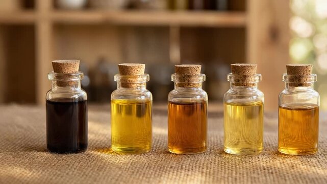 Colorful essential oil bottles on a rustic table for aromatherapy and relaxation