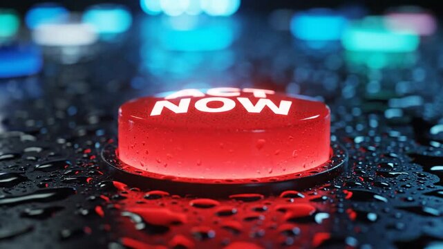 A bright red button with the word NOW on a wet surface close-up view