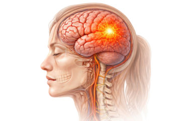 Human brain pain neurological medical anatomy illustration showing head nerves skull spinal connection detailed side view isolated on white background