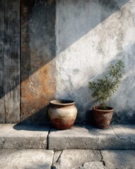 Fototapeta premium Photo of two flower pots with a concrete wall background, light and shadow, simple stone steps, old wooden door, green plant growing from one pot, textured gray cement floor. 