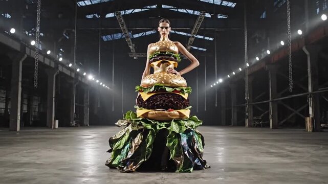 Model in Creative Burger Dress, Industrial Warehouse, Editorial Photoshoot, Unique Concept