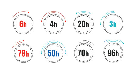 Fototapeta premium Collection of clock icons with varying hour markers like 6h, 20h, and 78h displayed with colorful circular arrows around them.