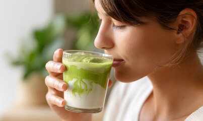 close up on a beautiful white modern woman drinking a ice matcha latte with glass of layers of green and white color swirl, 