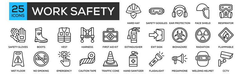 Work Safety Icon Collection Set. Containing Design Hard Hat, Safety Goggles, Ear Protection, Face Shield, Respirator